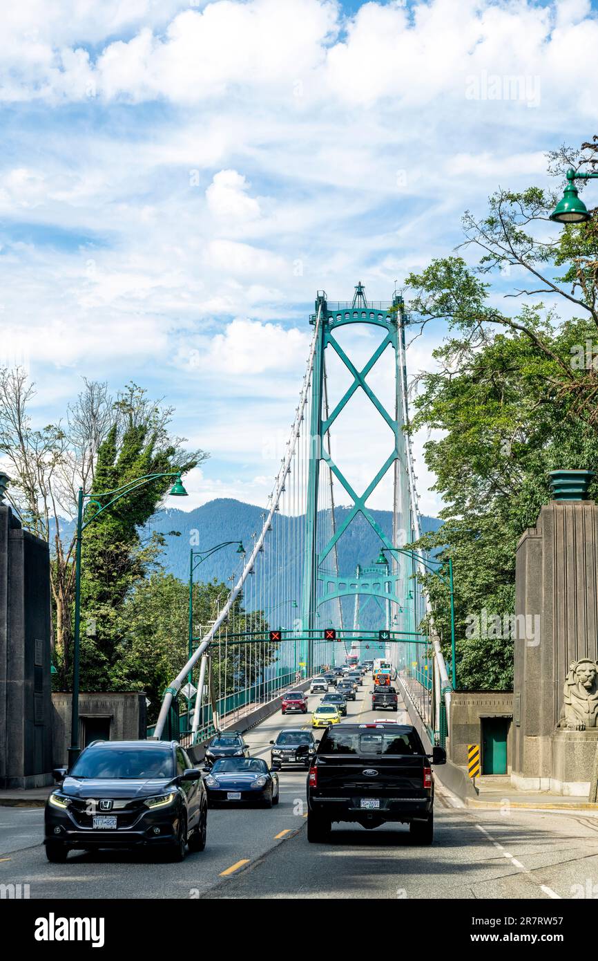 Vancouver, BC, Canada-July 2022; Drivers northbound perspective of the suspension Lions Gate Bridge on Highway 99 or Fraser Delta Thruway or the Sea t Stock Photo