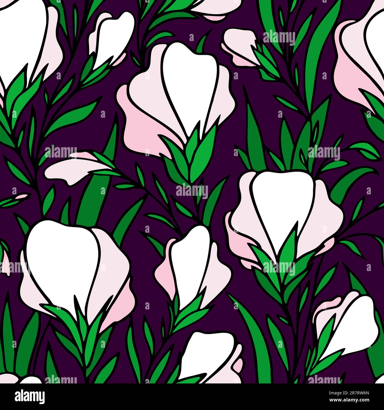 seamless contour pattern of large white flowers on a purple background ...