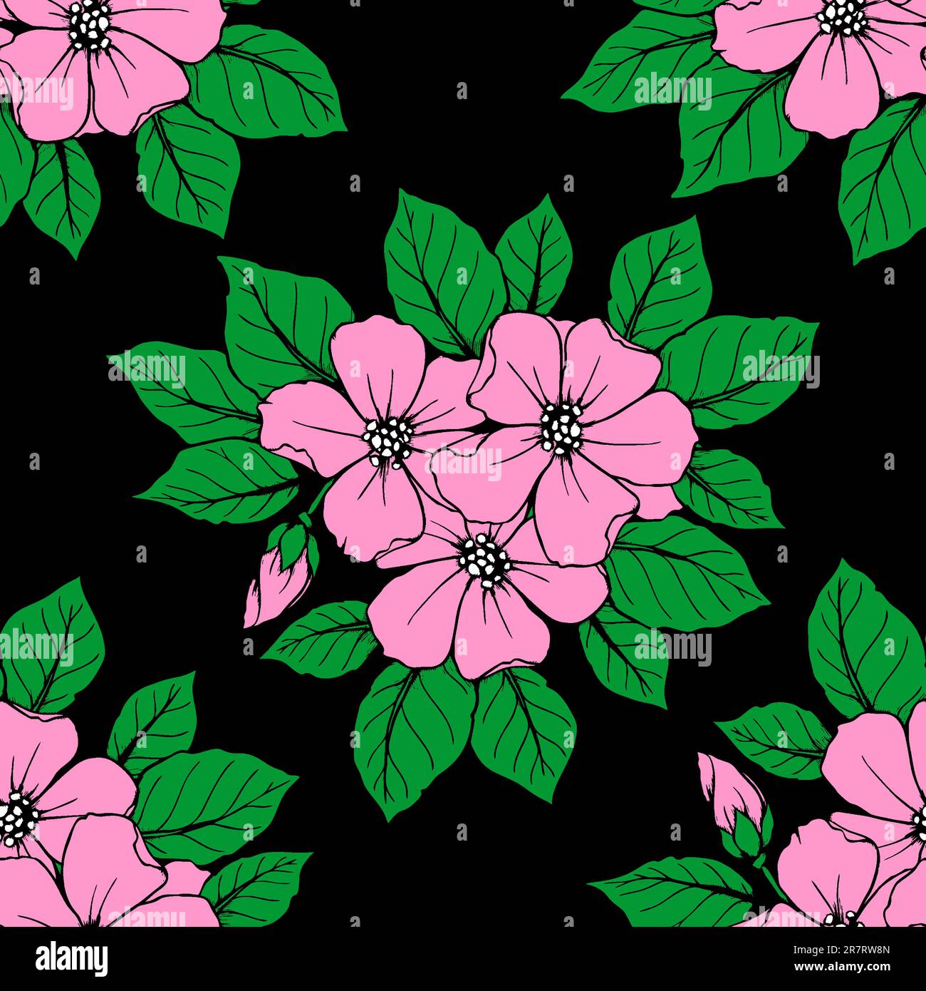 Seamless pattern of large pink flowers on a black background texture