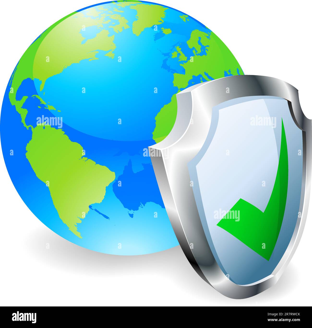 Globe with shield icon with green tick. Concept for internet security or antivirus or firewall etc. Stock Vector