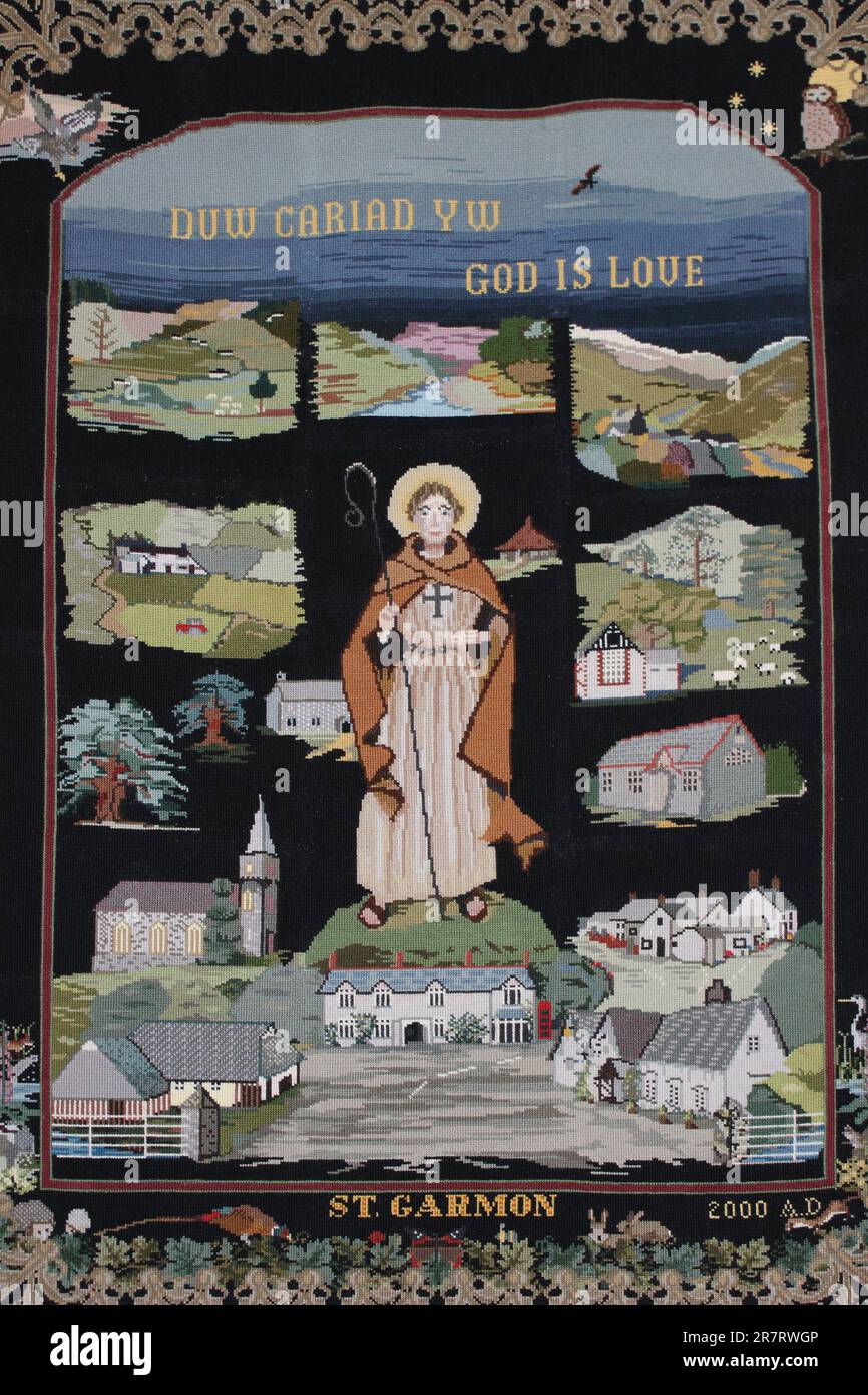 Millennium Tapestry, St Garmon's Church, Llanarmon Dyffryn Ceiriog, upper Ceiriog Valley, Clwyd, Wales, UK Stock Photo