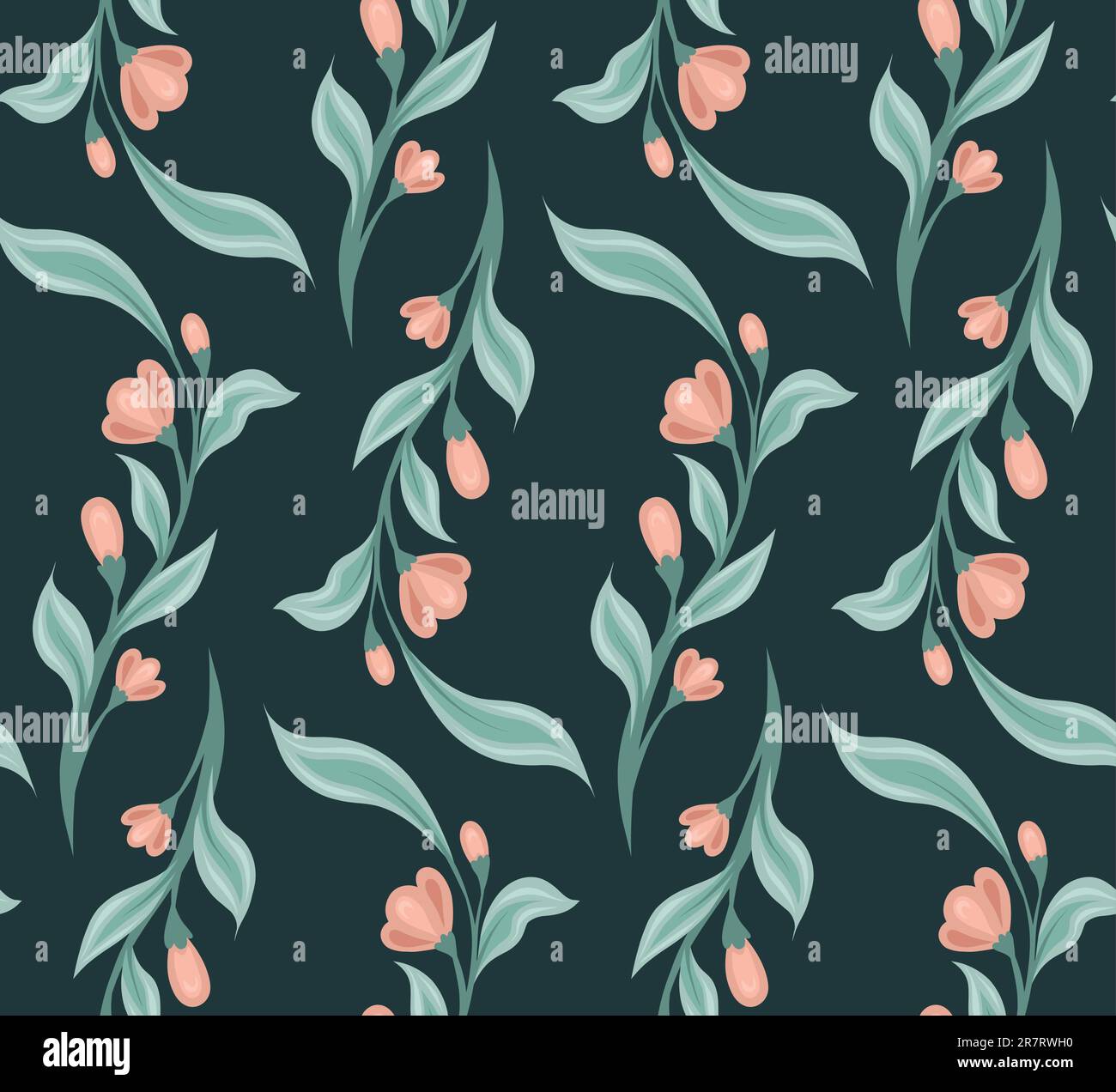 Rustic floral vector pattern. Seamless flat texture with hand-drawn stems and flowers on a dark background for fabrics, curtains and tablecloths. Stock Vector