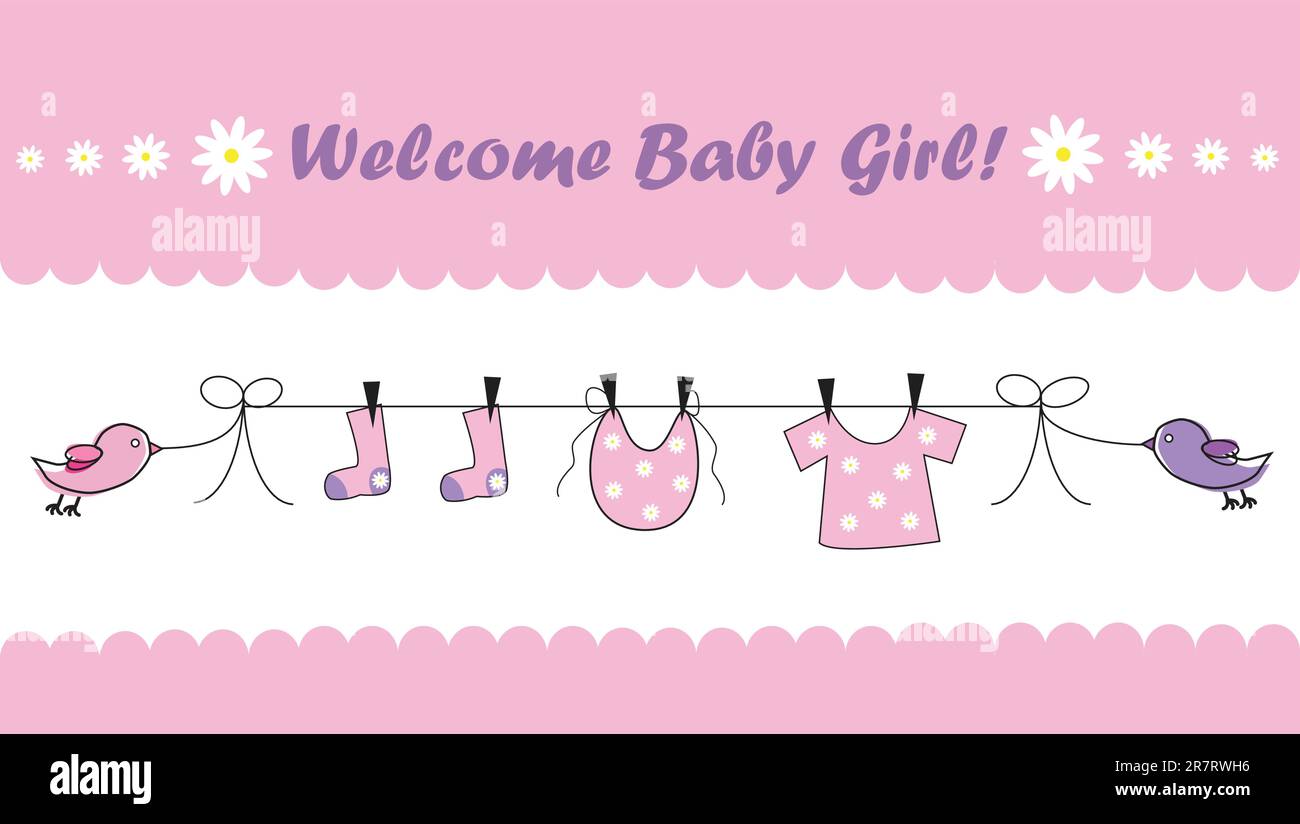 Welcome baby girl pink shower invitation announcement Stock Vector