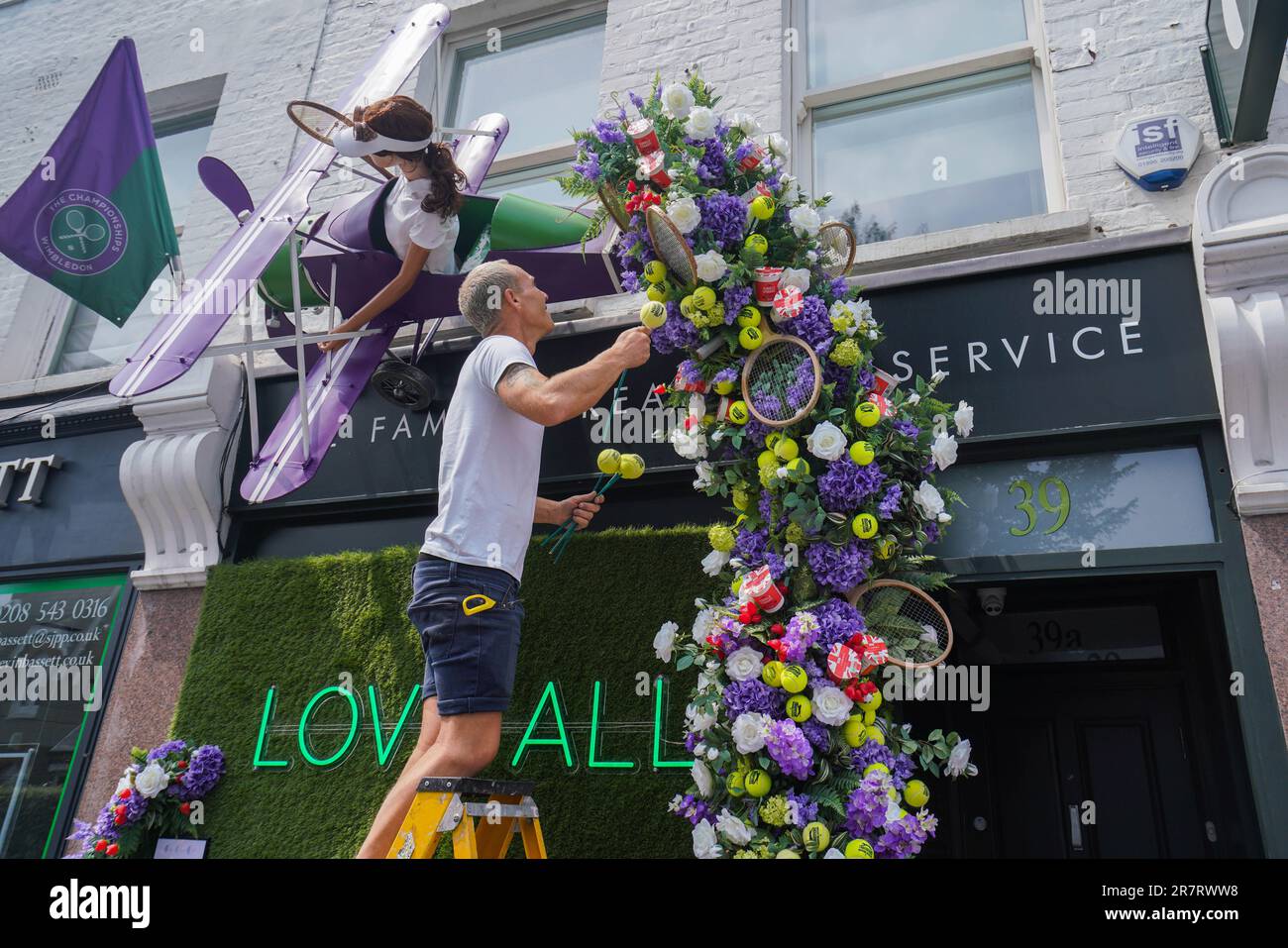 London UK. 17 June 2023 .A shop is decorated with tennis rackets and