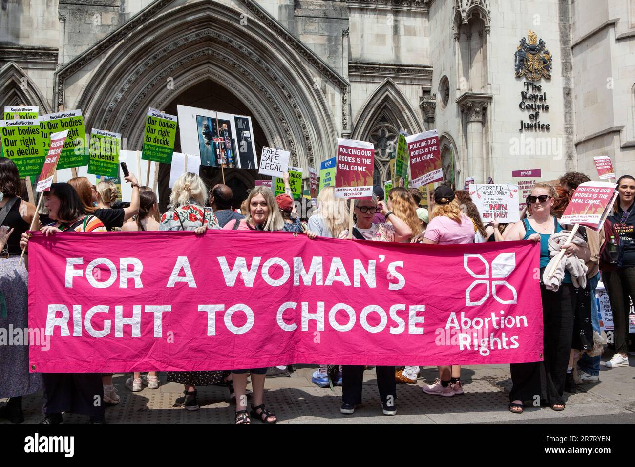 London, UK. 17th June, 2023. Protestors rallied at the Royal Courts of Justice and marched on Whitehall, calling for the right to legal abortion in the UK, as some laws date back to 1861. The recent case of Carla Foster, who was imprisoned after inducing a late-stage abortion using 'pills by post' during lockdown, has sparked controversy. Credit: Anna Watson/Alamy Live News Stock Photo