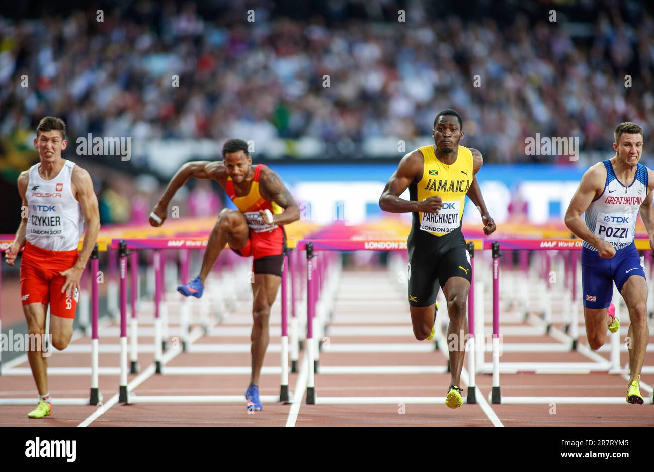 Hansle PARCHMENT winning in the 110m hurdles at the World Athletics