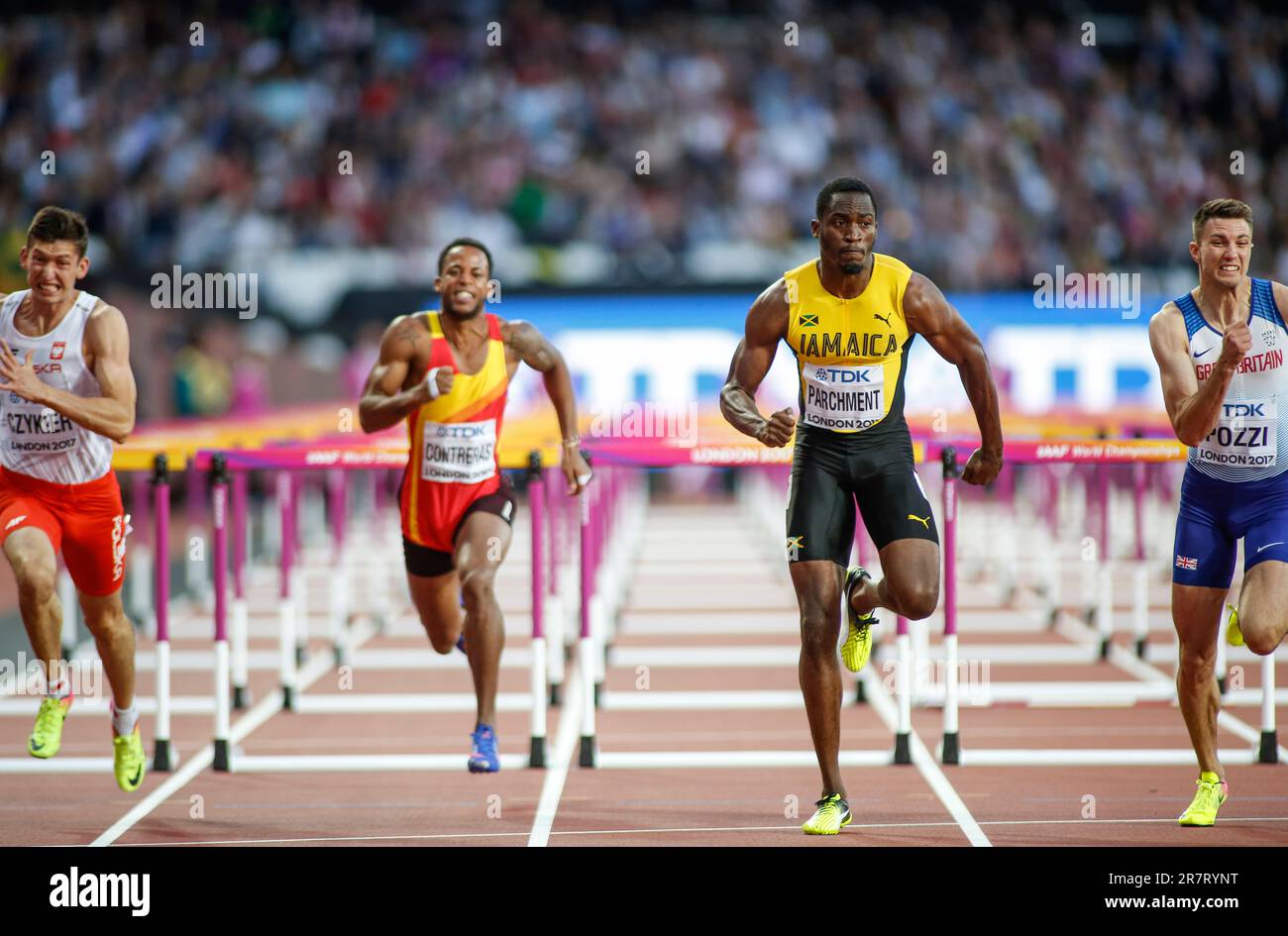 Hansle PARCHMENT winning in the 110m hurdles at the World Athletics