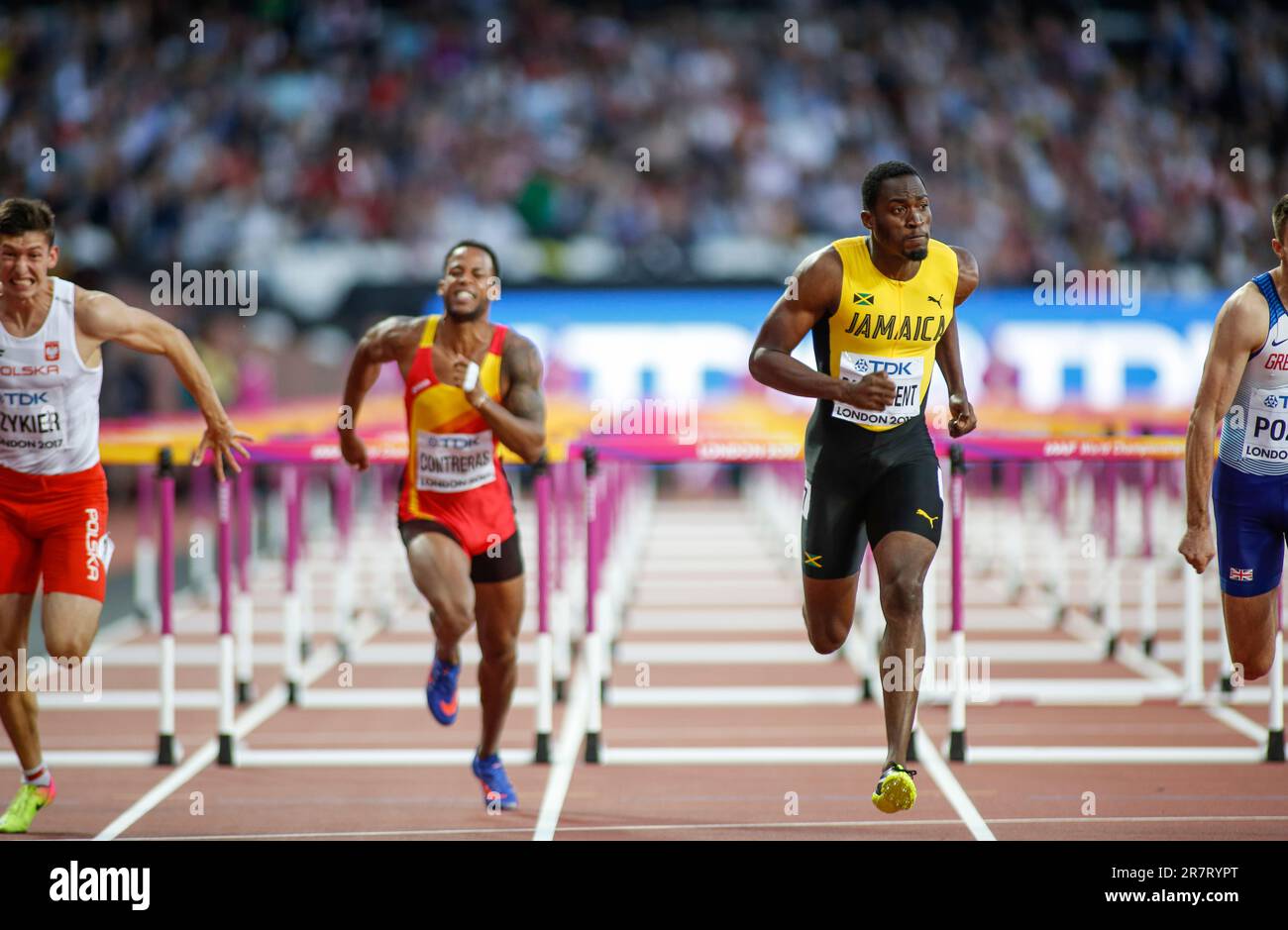 Hansle PARCHMENT winning in the 110m hurdles at the World Athletics