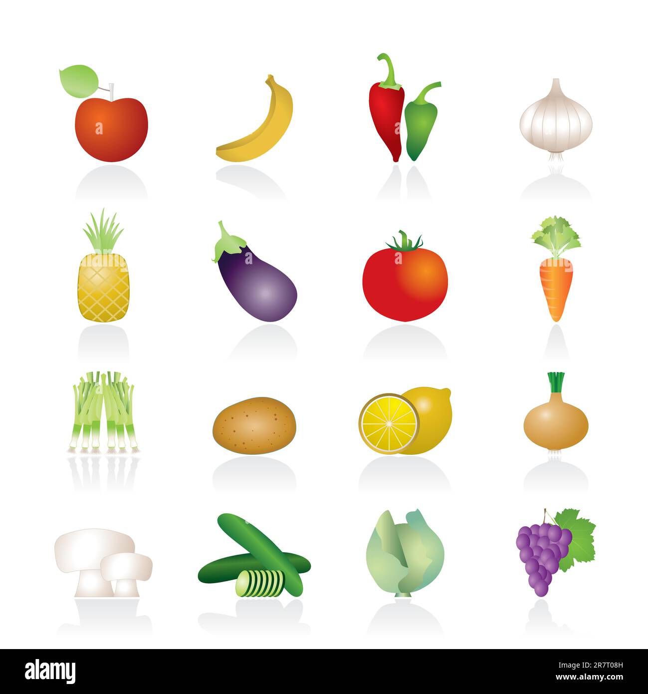 Different kind of fruit and vegetables icons - vector icon set Stock Vector