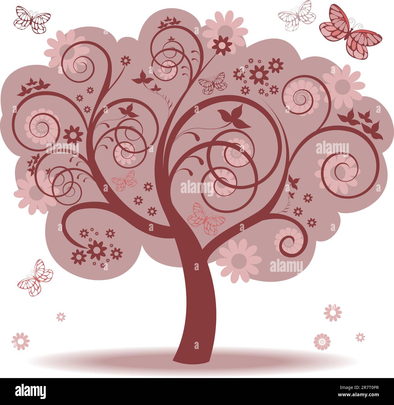 fantasy tree with red leaves and butterflies Stock Vector