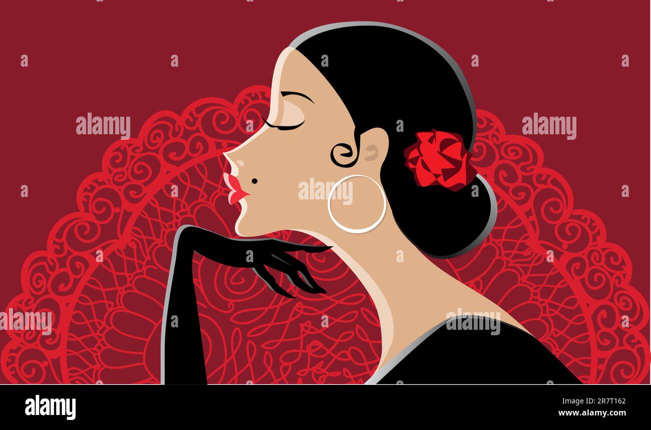 Vector illustration of a beautiful spanish lady, fan in the background Stock Vector