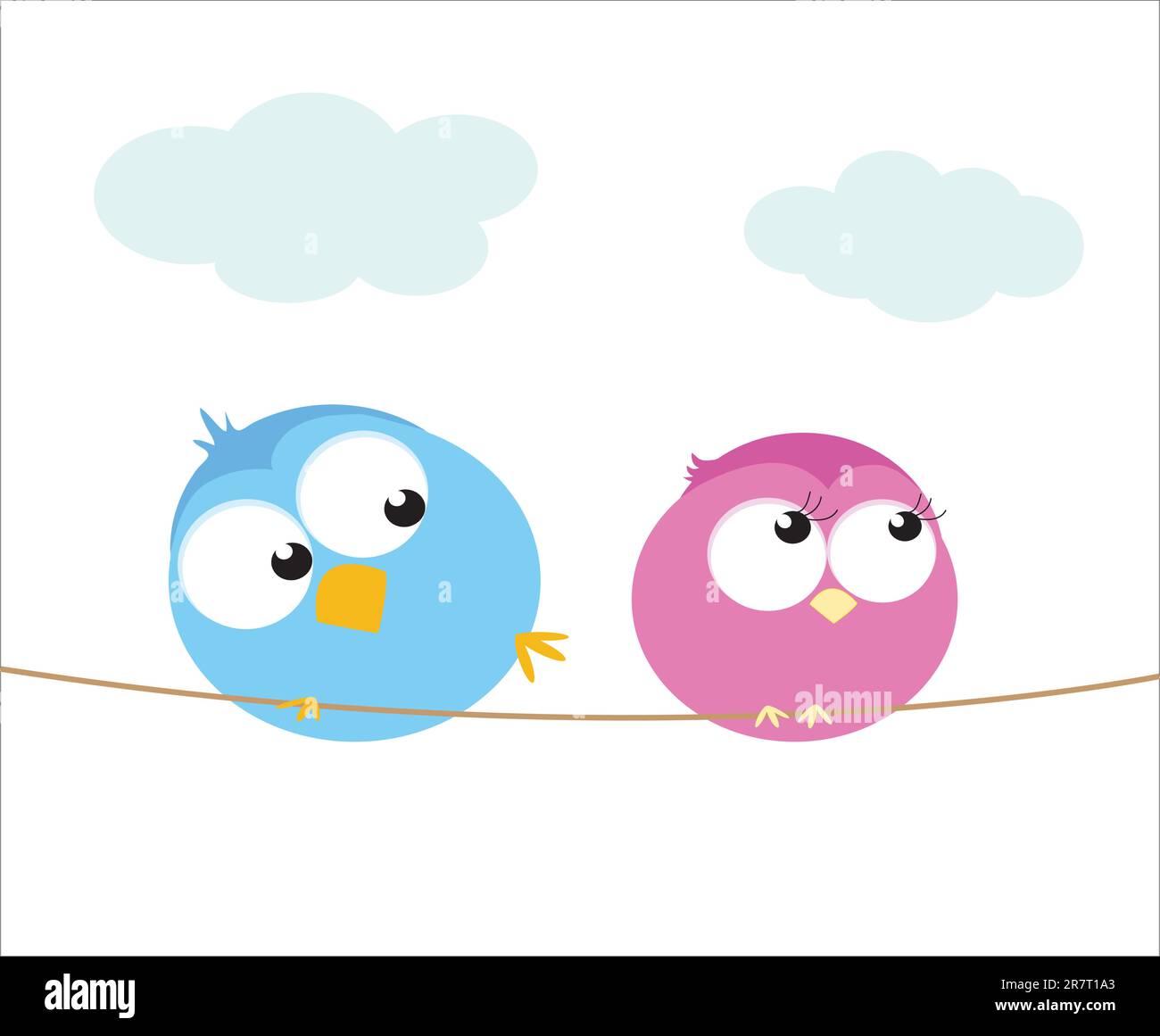 Two cartoon birds sitting on a wire. Vector illustration Stock Vector