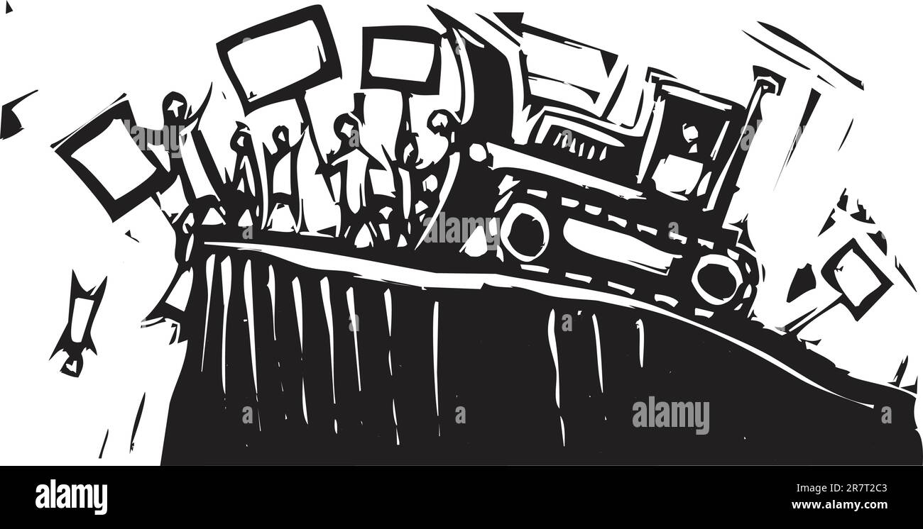 Protest being pushed off cliff by bulldozer. Stock Vector