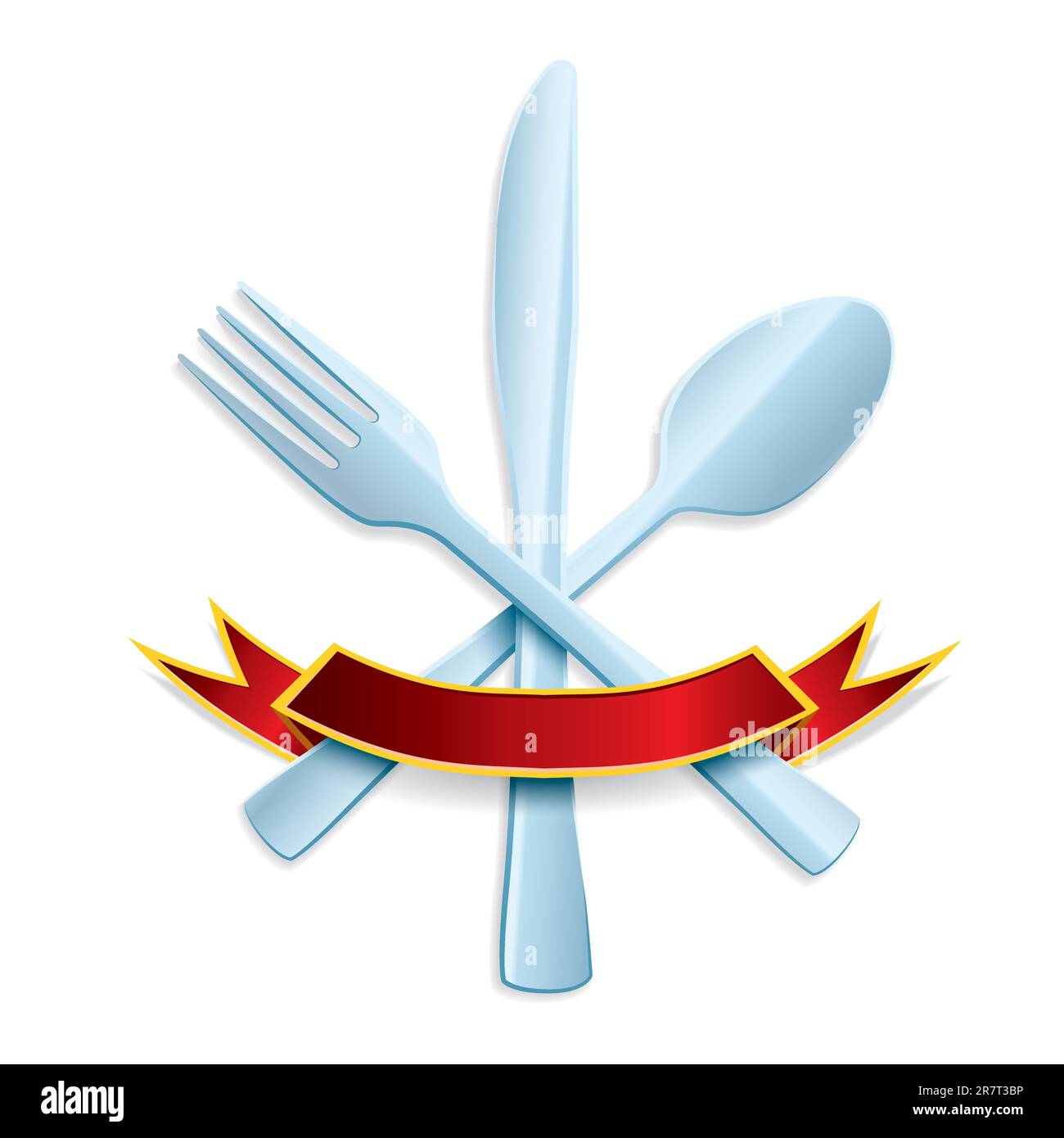 Fork, spoon and knife with red ribbon on white background Stock Vector