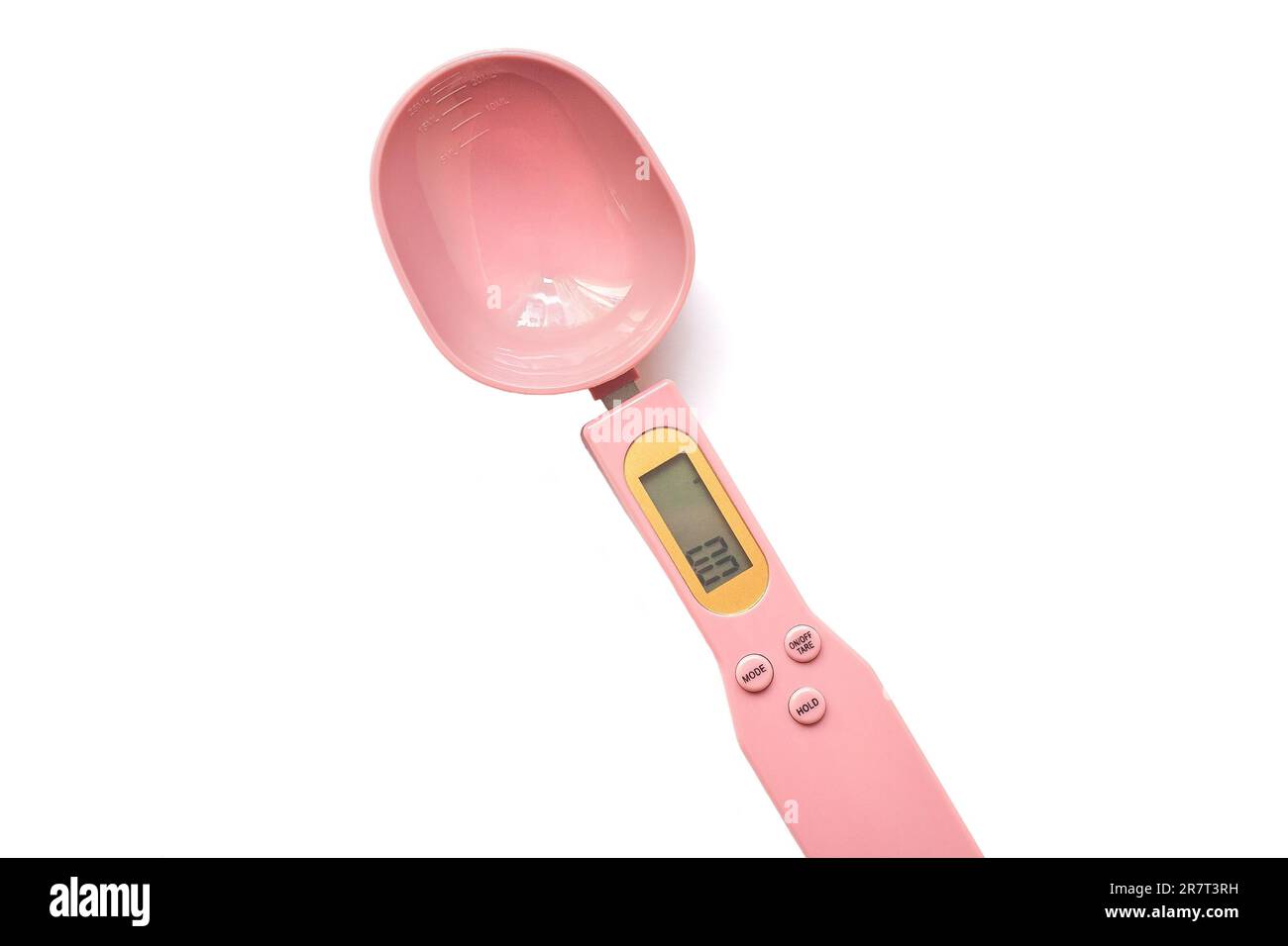 Pink Electronic Measuring Spoon. Wide LCD screen. Ounces, grams and carats. Digital kitchen measuring spoon. White background. Stock Photo