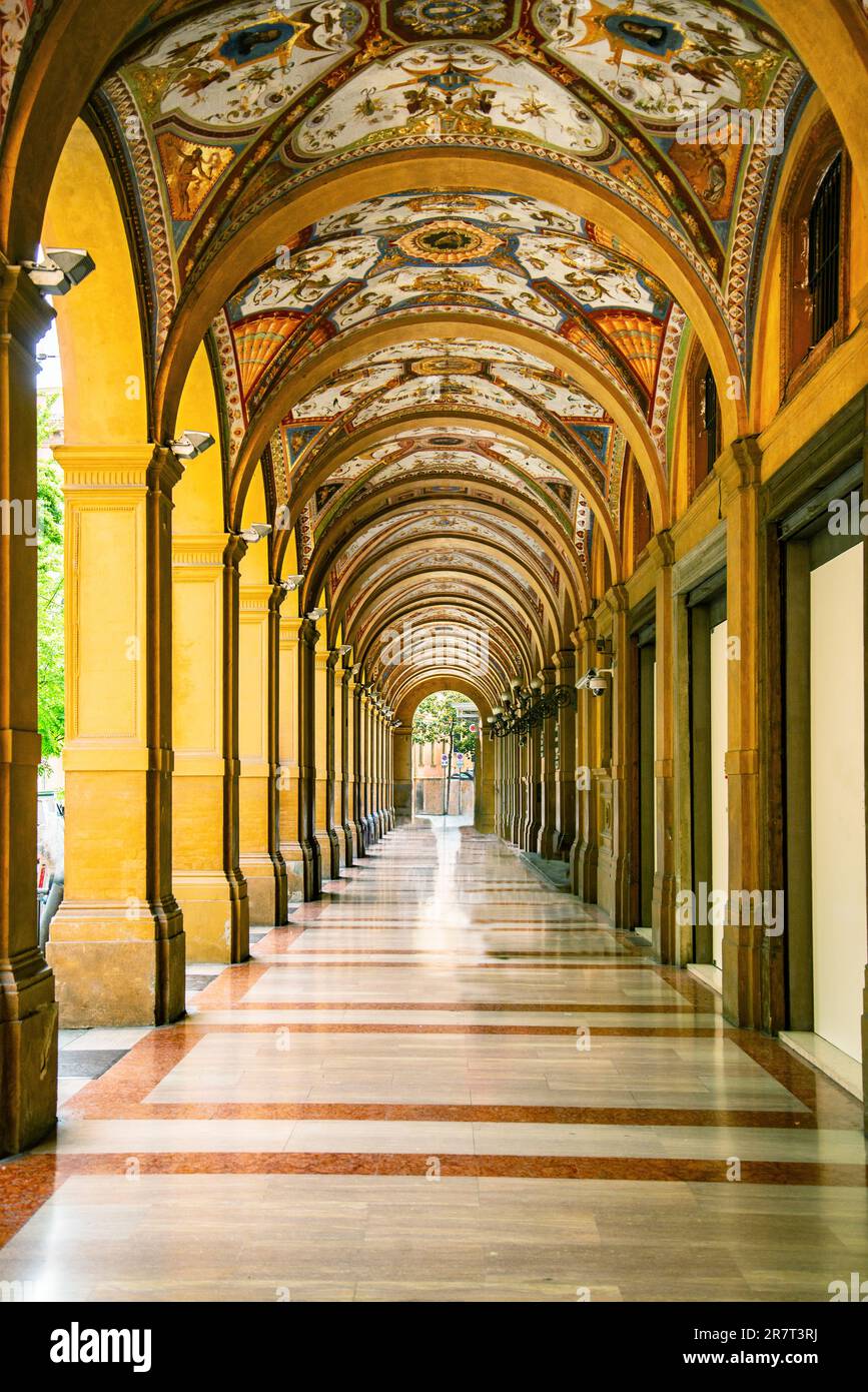 Beautifully decorated portici in Bologna, during a sunny day in the summer. Stock Photo
