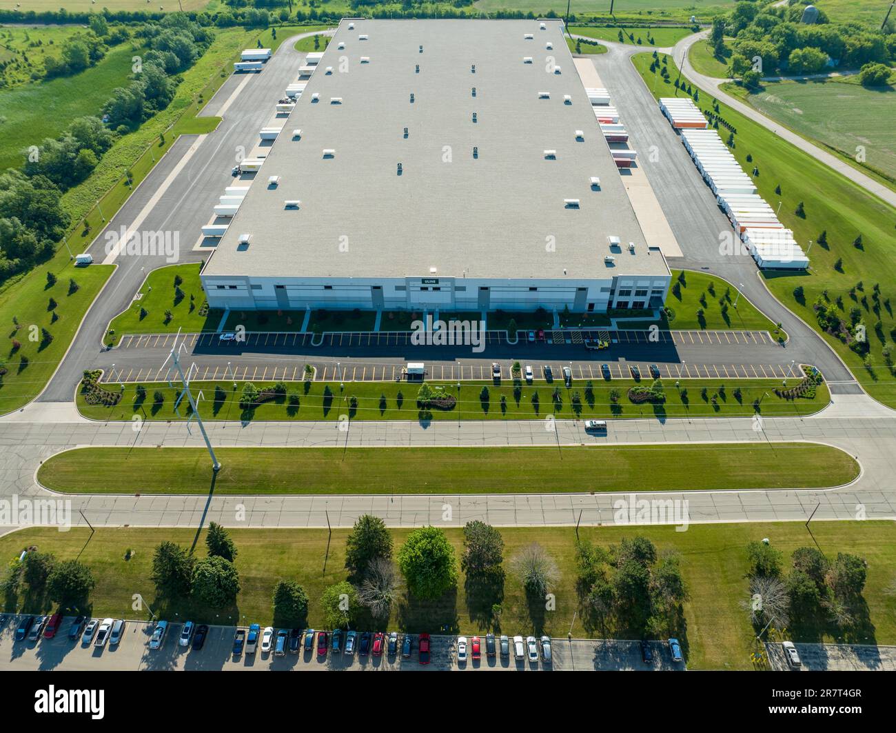 An aerial view of the Uline office supplies warehouse in Kenosha