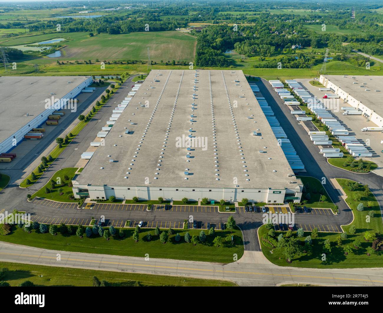 An aerial view of the Uline office supplies warehouse in Kenosha