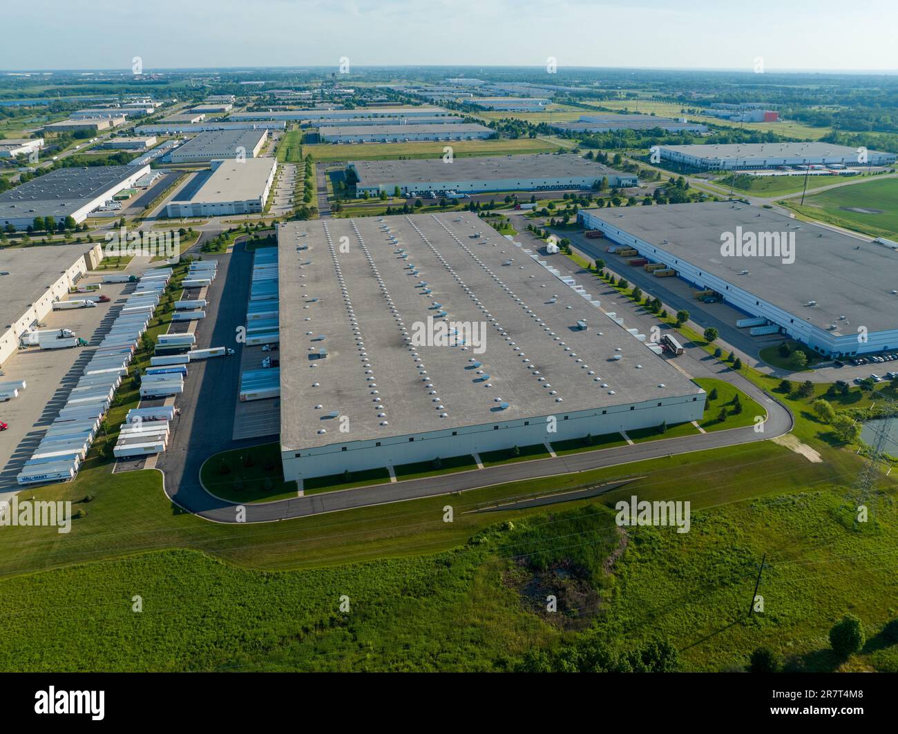An aerial view of the Uline office supplies warehouse in Kenosha