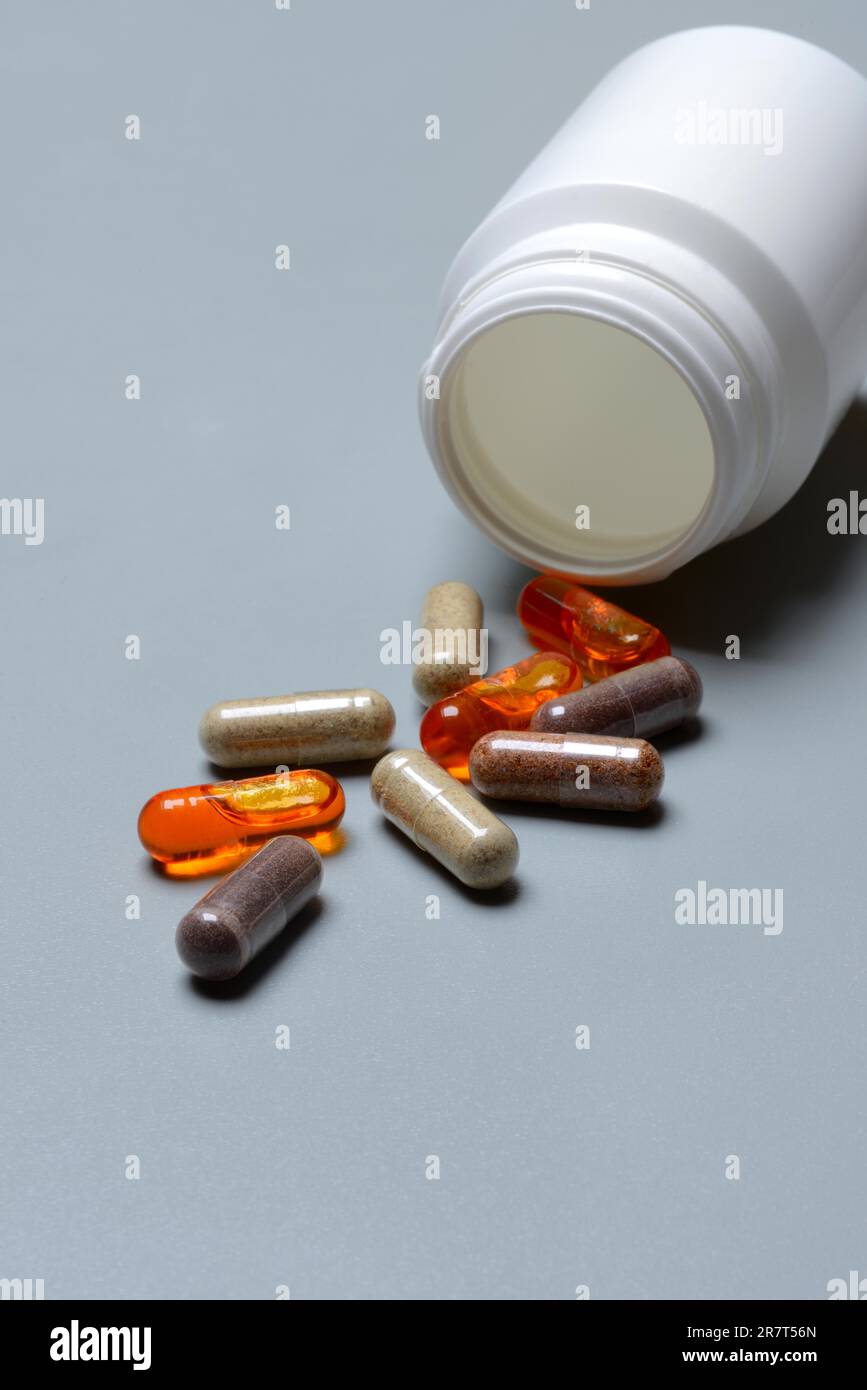 Capsules with food supplements, malnutrition, food photography Stock