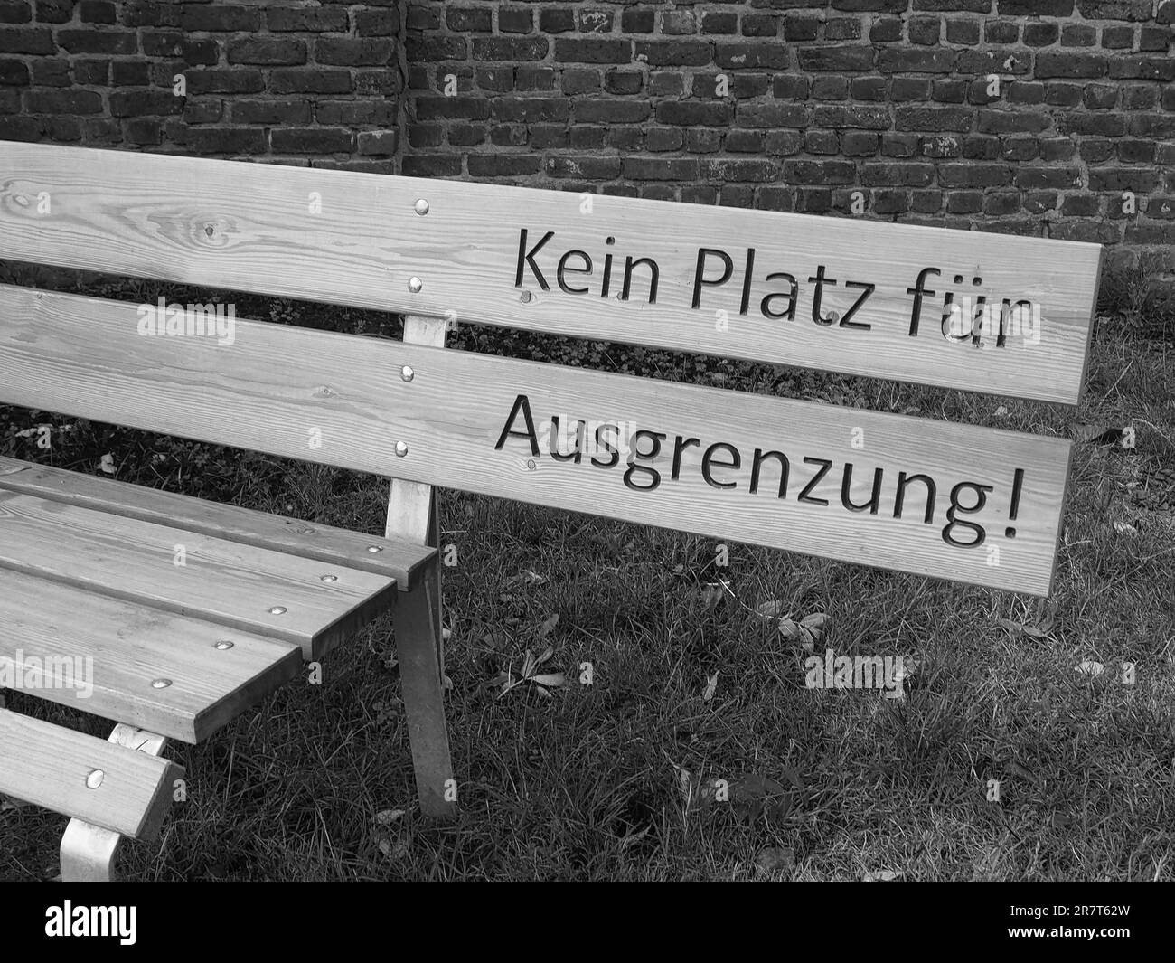 Bench with inscription Kein Platz fuer Ausgrenzung, North RhineWestphalia, Germany Stock Photo