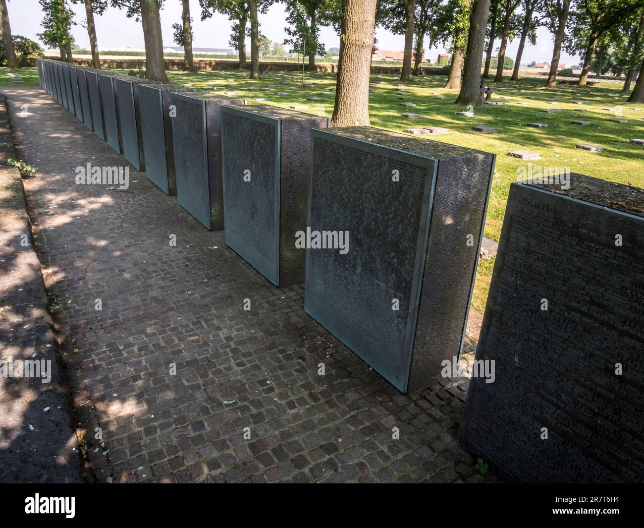 The image is of name panels of soldiers killed at the First World War German Military Cemetery of Langemarck near the Belgium Town of Langemarck. Stock Photo