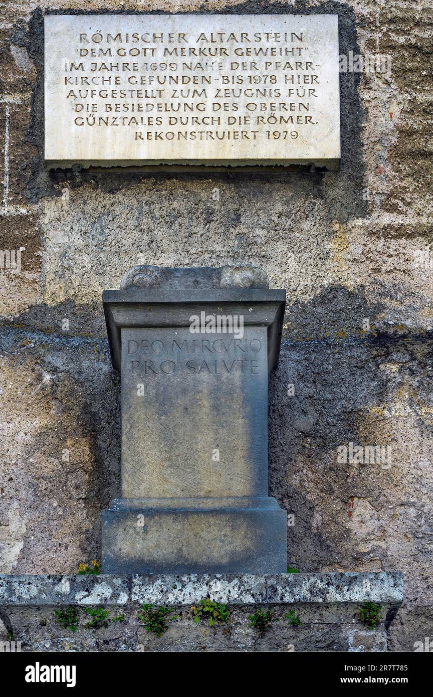 Roman altar stone dedicated to the god Mercury in Oberguenzburg, Allgaeu, Bavaria, Germany Stock Photo