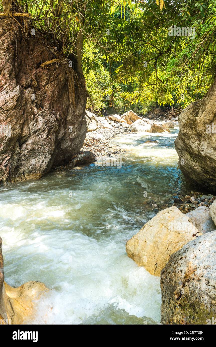 The mountain stream Gurah in the Gunung Leuser National Park in the jungle of Ketambe. The fresh water is boiled and serves as drinking water on the Stock Photo
