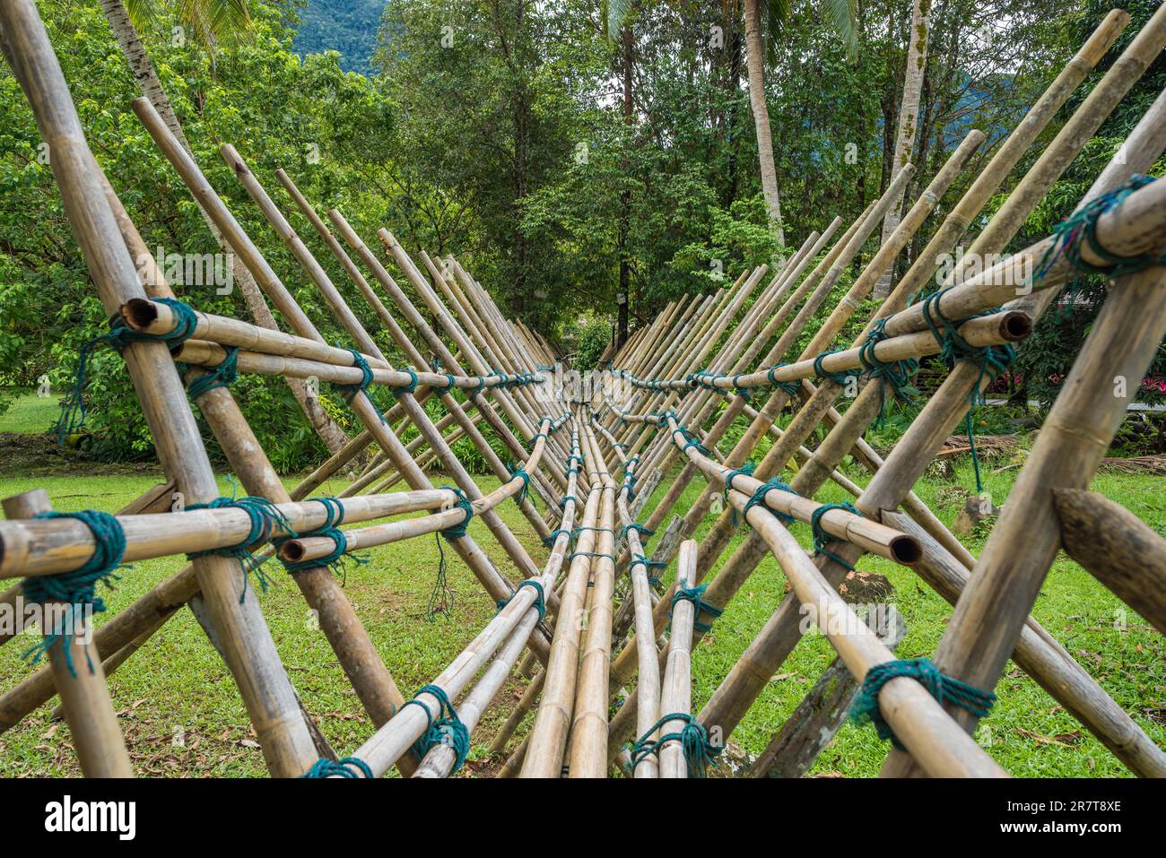 The Bidayuh tribe living in Sarawak on Borneo have mastered the art of building bamboo bridges. Here to see in Santubong in the Sarawak Cultural Stock Photo