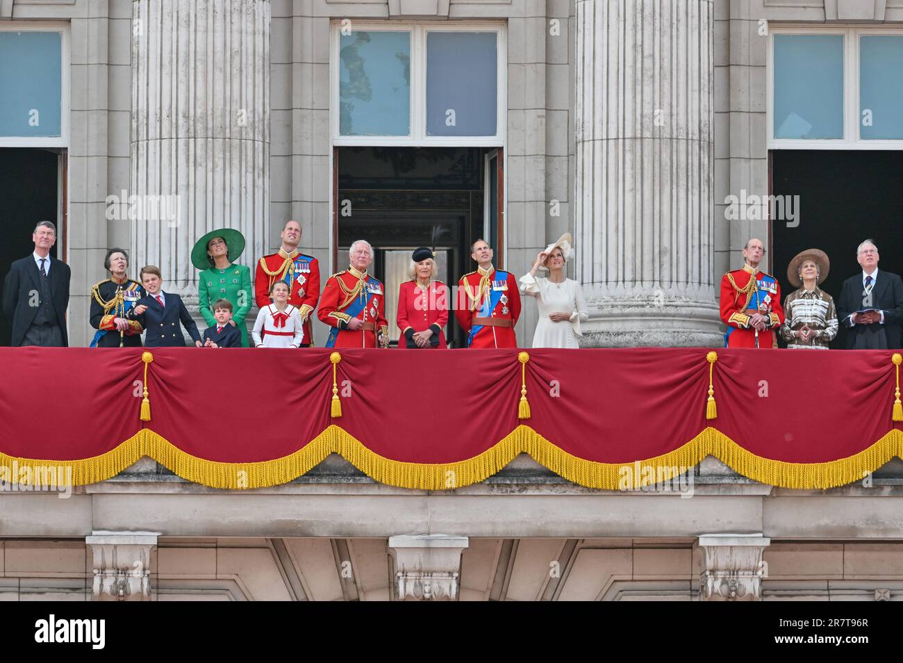 London, UK on June 17 2023. The Royal Family receive the crowds and look on at the flypast from the balcony of Buckingham Palace after the Trooping the Colour, the King's Birthday Parade, London, UK on June 17 2023. Present (L-R) Sir Timothy Laurence, the Princess Royal, (Princess Anne), Prince George, Prince Louis, Princess Charlotte, Princess of Wales, HRH Prince of Wales (Prince William), HM King Charles III, HM Queen Camilla, Duke of Edinburgh (Prince Edward), Duchess of Edinburgh (Sophie), Duke of Kent, Duchess of Gloucester, Duke of Gloucester. Credit: Francis Knight/Alamy Live News Stock Photo