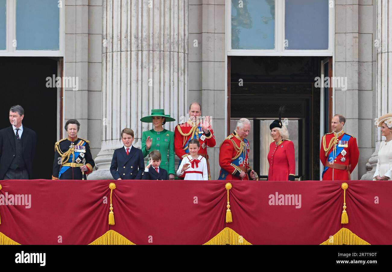 London, UK on June 17 2023. The Royal Family receive the crowds and look on at the flypast from the balcony of Buckingham Palace after the Trooping the Colour, the King's Birthday Parade, London, UK on June 17 2023. Present (L-R) Sir Timothy Laurence, the Princess Royal, (Princess Anne), Prince George, Prince Louis, Princess Charlotte, Princess of Wales, HRH Prince of Wales (Prince William), HM King Charles III, HM Queen Camilla, Duke of Edinburgh (Prince Edward), Duchess of Edinburgh (Sophie), Duke of Kent, Duchess of Gloucester, Duke of Gloucester. Credit: Francis Knight/Alamy Live News Stock Photo
