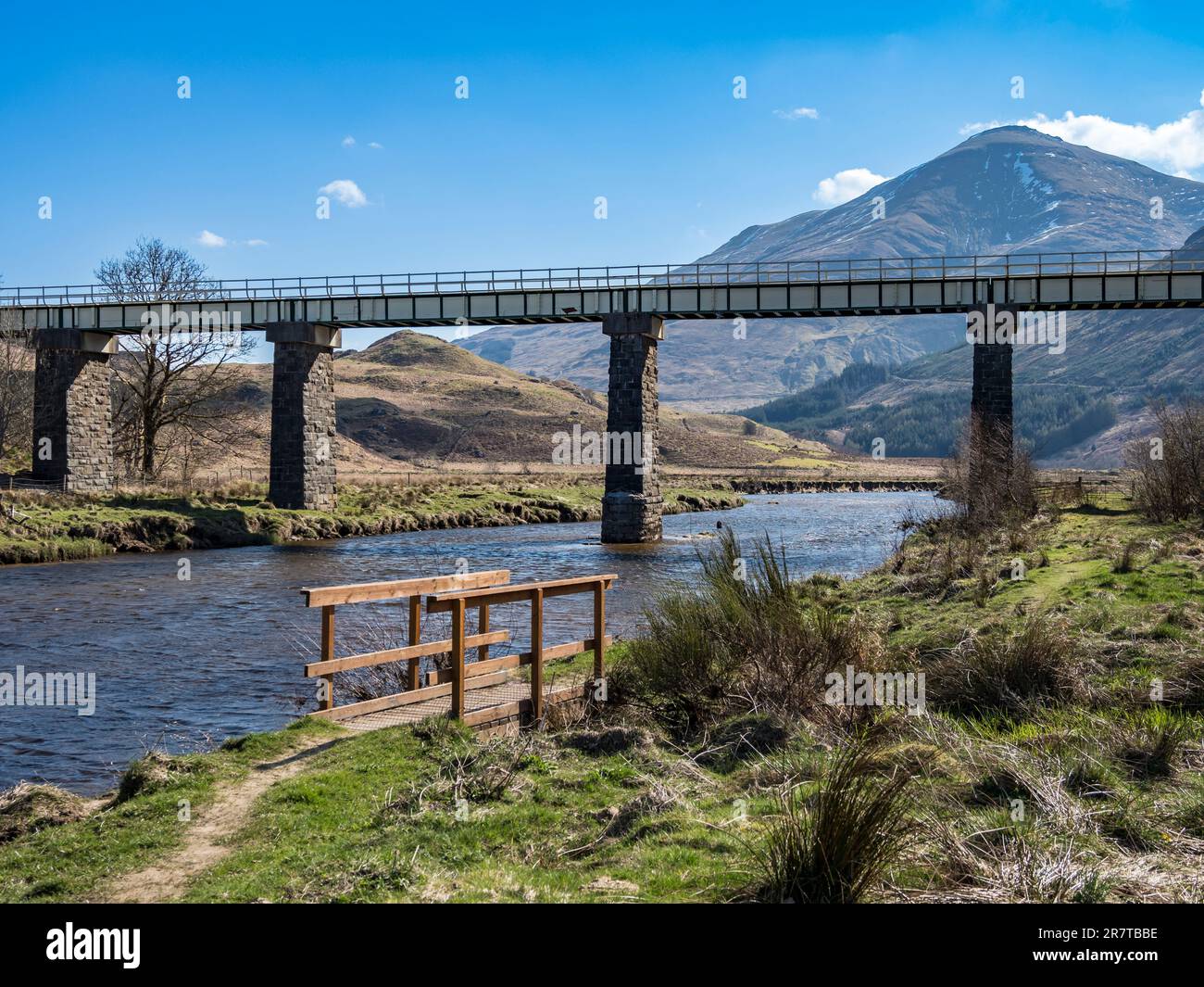 Train viaduct of west highland line,  river Fillan, Crianlarich ,mt. Ben More, scottish highlands, Scotland, UK Stock Photo