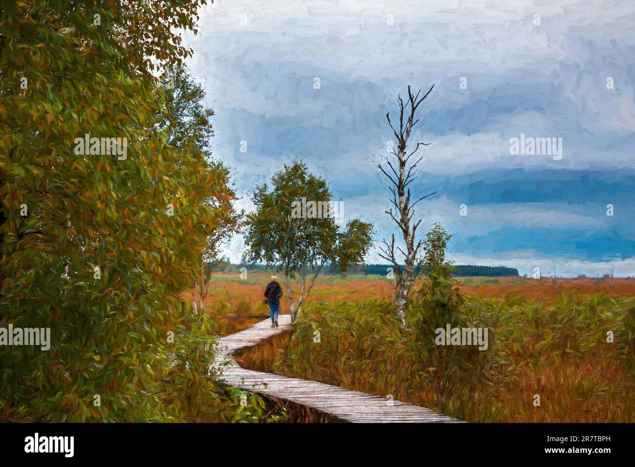 Strollers in nature reserve High Fens, Belgium. Multicolored texture painting Stock Photo