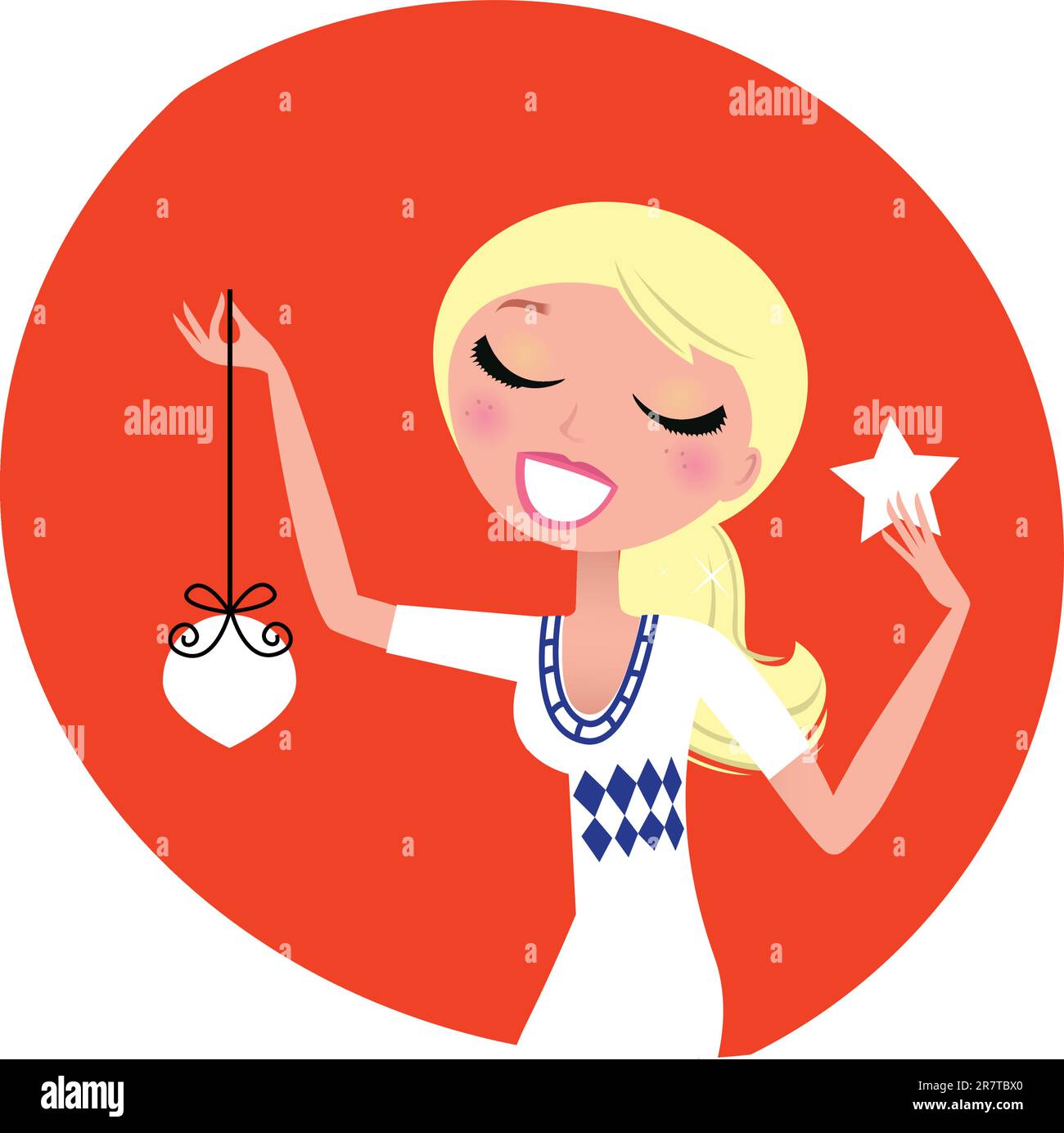 Retro blond cute Christmas Girl with decoration. Vector Stock Vector