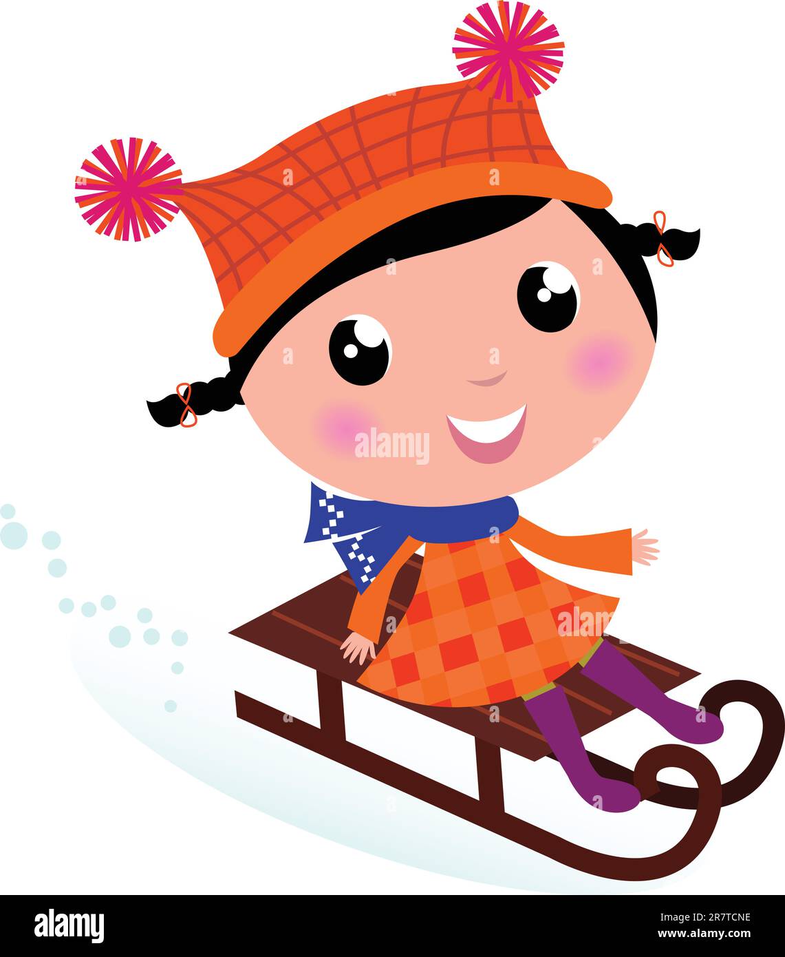 Cute Girl sledding in Winter. Vector cartoon Illustration. Stock Vector