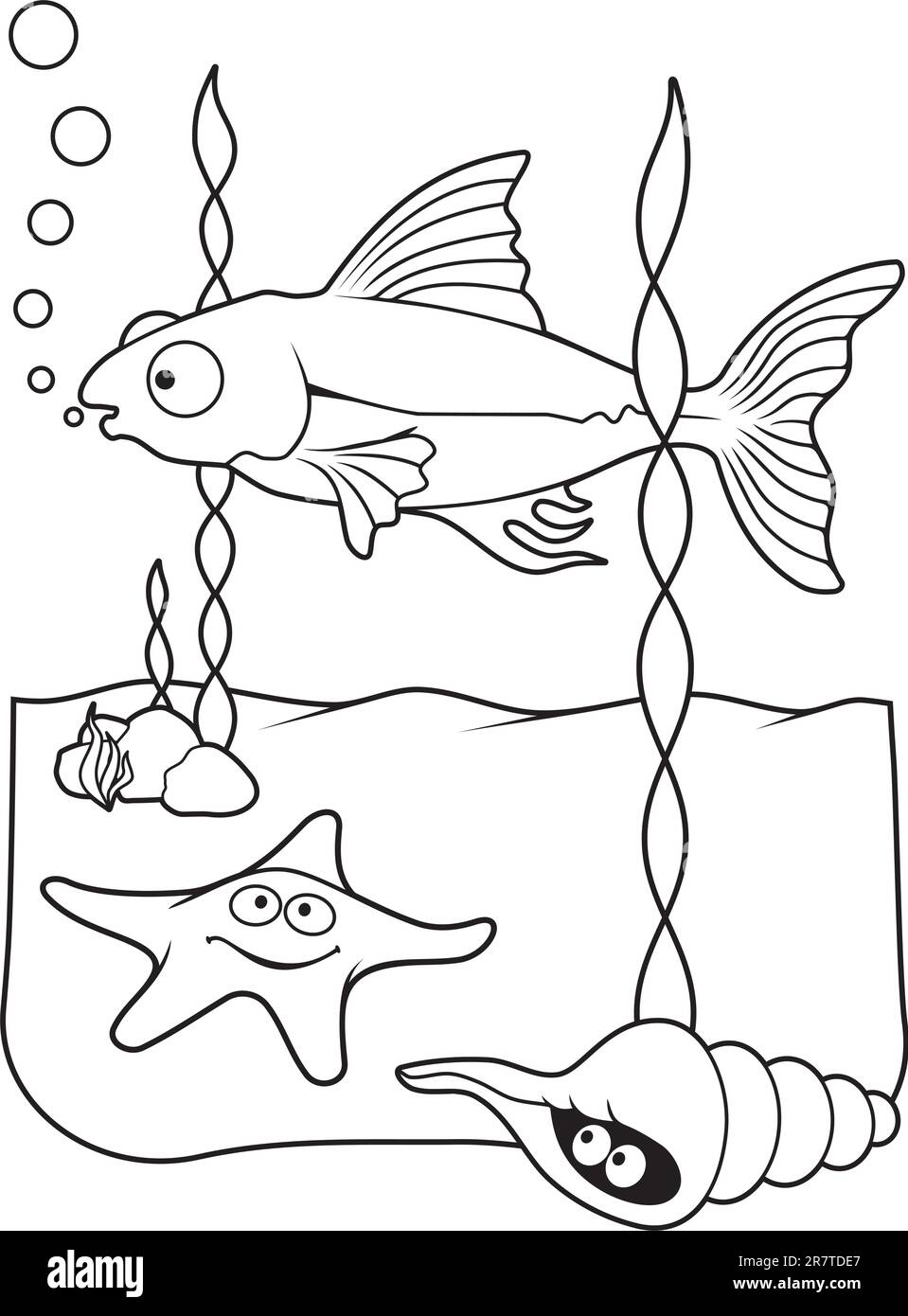 Underwater scene with fish starfish and shell cartoons, line art for coloring book page. Stock Vector