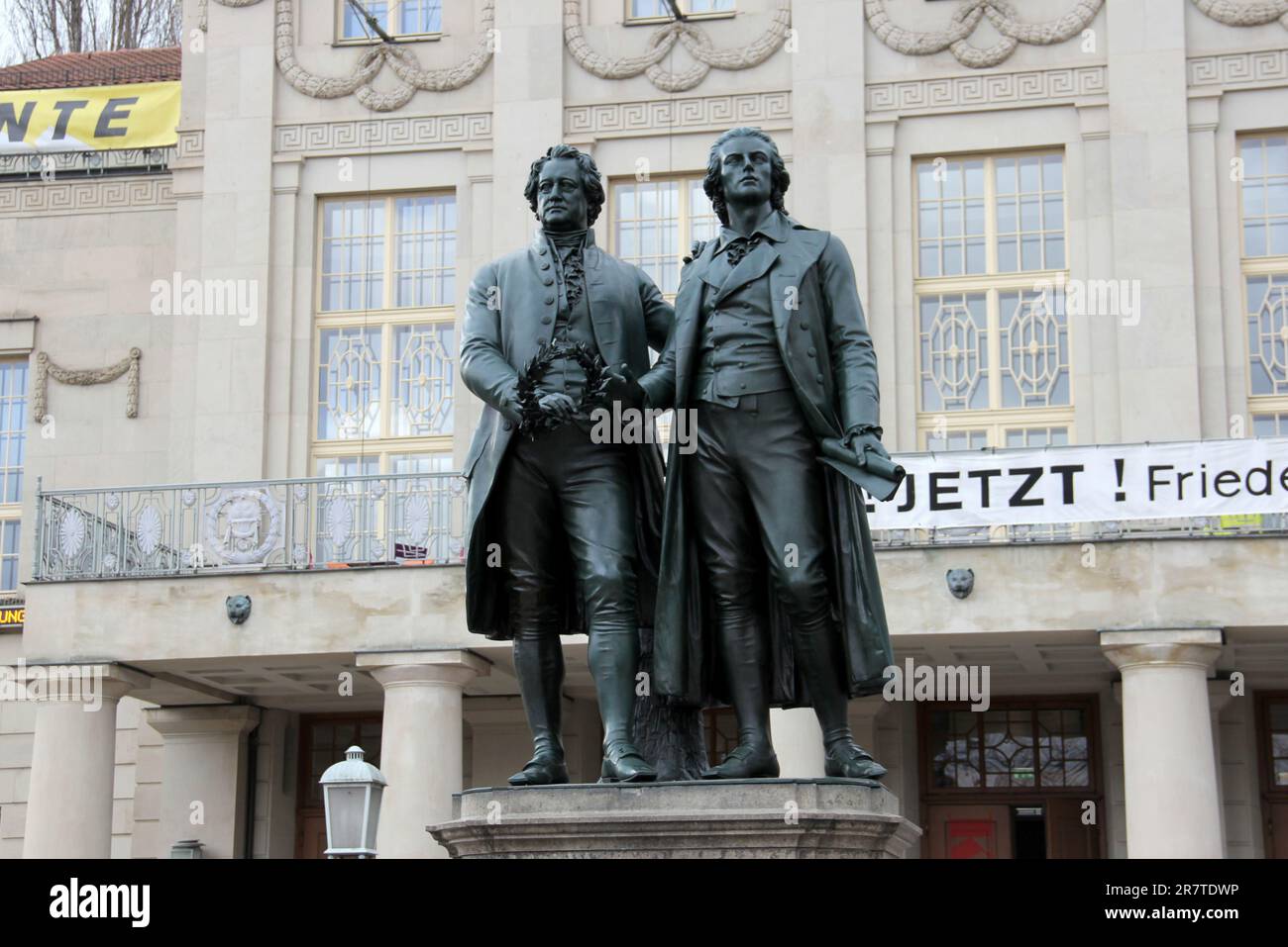 Goethe-Schiller monument in front of the German National Theater, sculptural work by Ernst Rietschel, created in 1857, Weimar, Germany Stock Photo