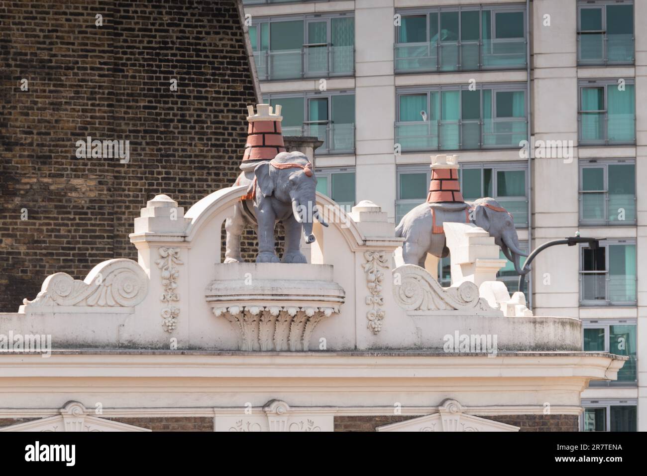 Elephant and Castle statues on top of a Starbucks coffee shop and next