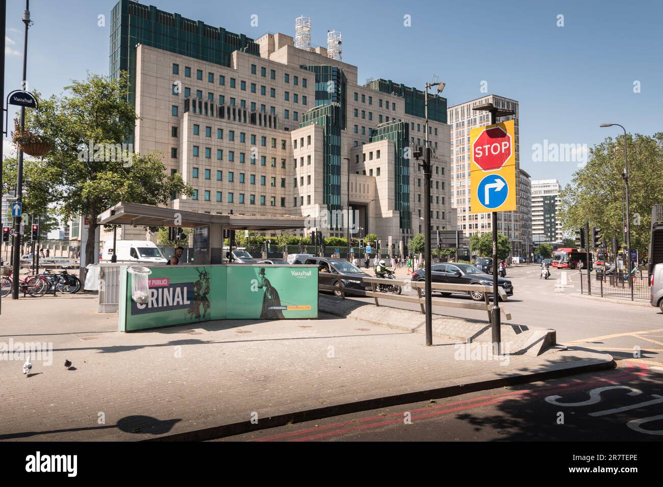 A man using the public urinal next to the Mi6 HQ Building, Vauxhall