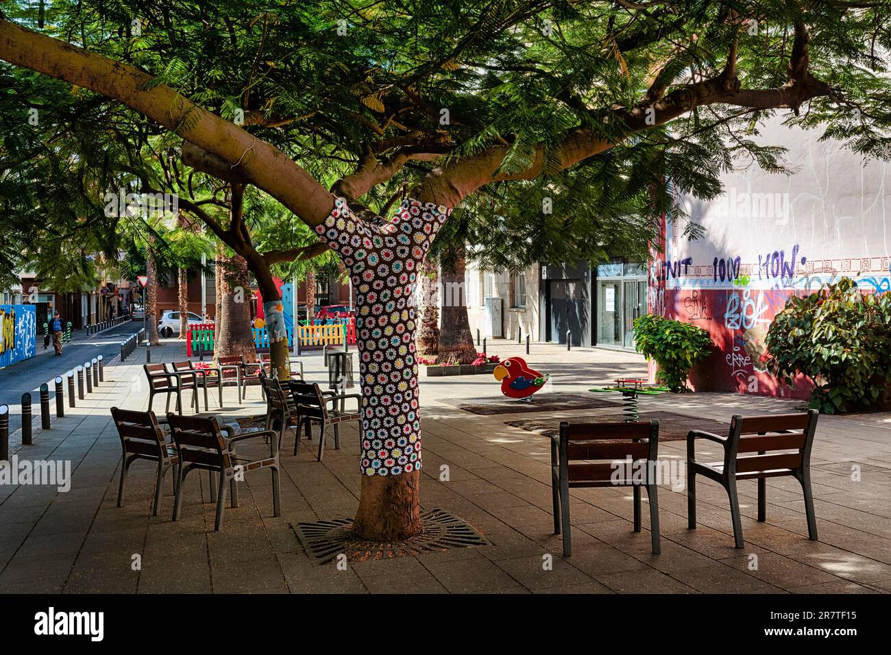 Chairs under tree in pedestrian zone, knitting art, urban knitting, guerilla knitting, Calle Viera y Clavijo, Santa Cruz de Tenerife, Tenerife, Spain Stock Photo