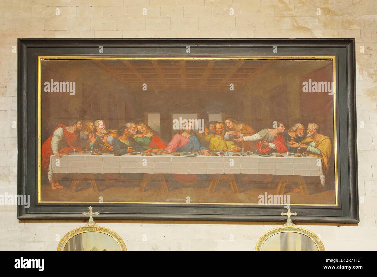 Painting Last Supper by Leonardo da Vinci, Notre-Dame Church, Saint-Paul-Trois-Chateaux, St, interior, biblical, scene, Jesus, Christ, Disciples Stock Photo