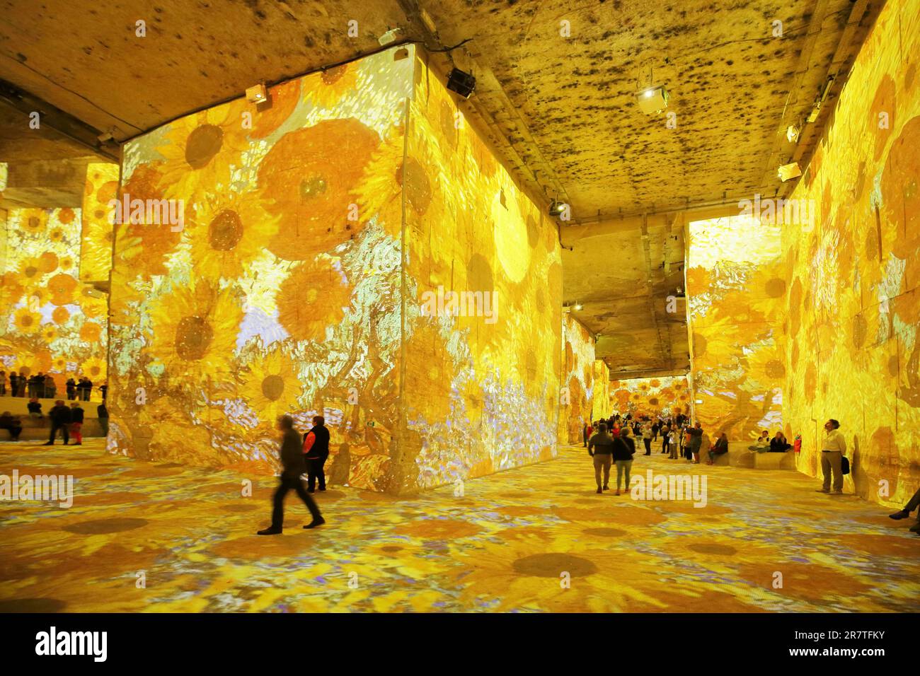 Carrieres des Lumieres with show Vermeer a Van Gogh, sunflowers, painting, Vincent van Gogh, quarries, cathedral, rock face, people, spectators Stock Photo
