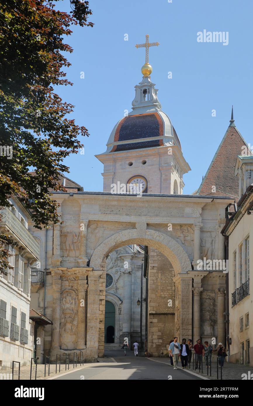 Gallo-Roman Arch of Honour Porte Noire, Arc de triomphe and steeple of St-Jean Cathedral, Saint, Besancon, Doubs, France Stock Photo