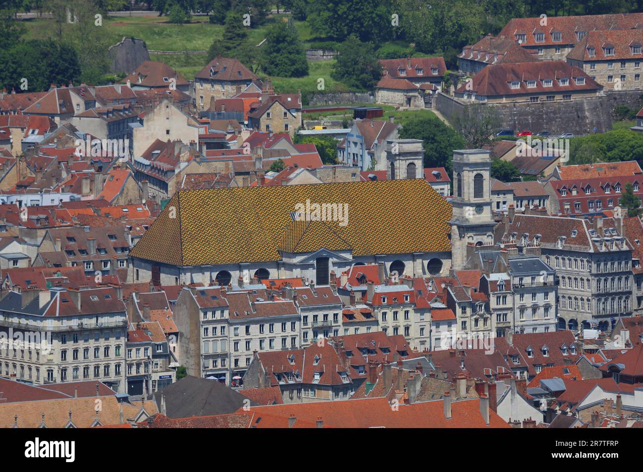 View of roofs and striking roof of Ste-Madeleine Cathedral, Sainte, Saint, striking, Besancon, Doubs, France Stock Photo