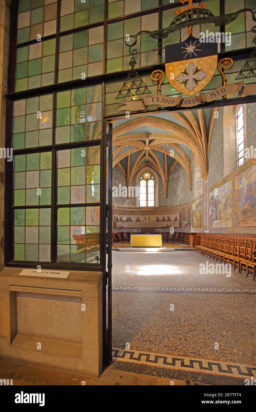 View of the side chapel of the Romanesque St-Jean Cathedral, St. John's Church, Saint, Romanesque, interior view, coat of arms, Besancon, Doubs Stock Photo