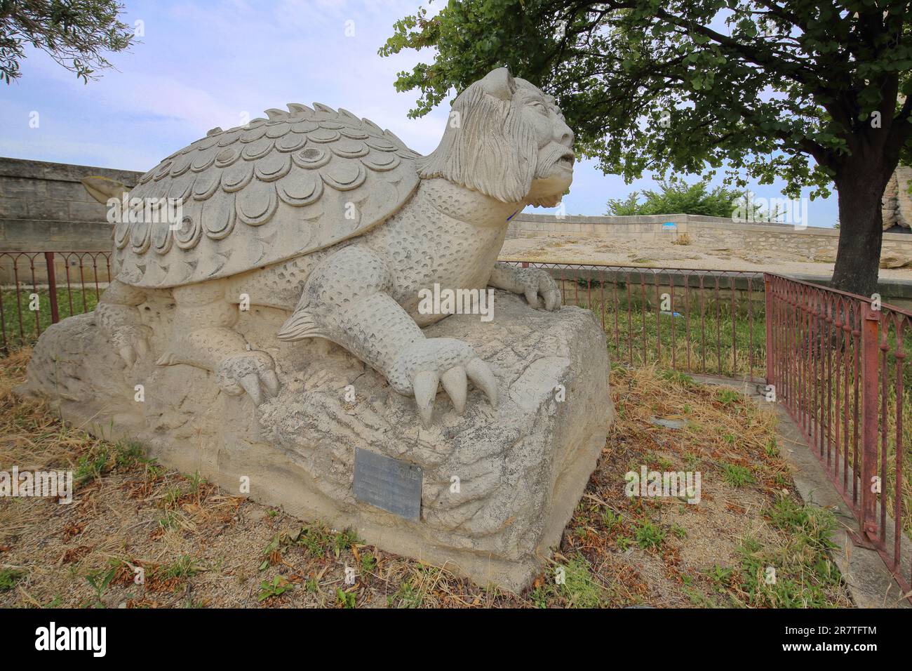 Sculpture La Tarasque by Pascal Demaumont 2005, Turtle with face of King Rene I, animal figure, mythical creature, hybrid creature, human being Stock Photo