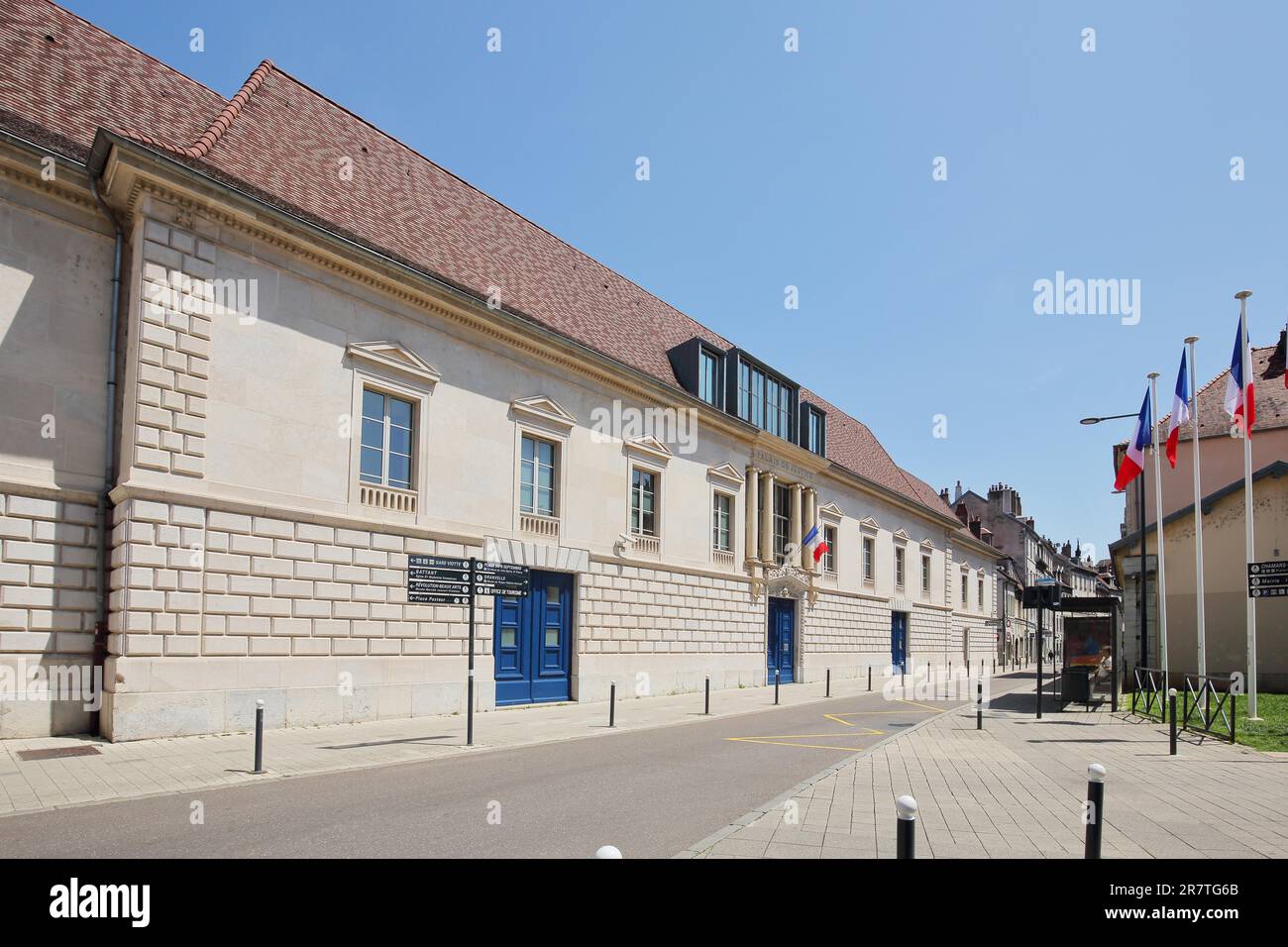 Palais de Justice with French national flags, Palace of Justice, Besancon, Doubs, France Stock Photo