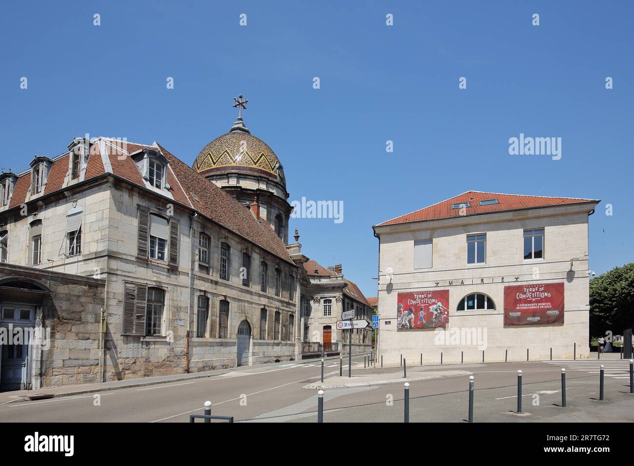 Hopital Saint-Jacques, dome of Notre-Dame du Refuge cathedral and mairie, town hall, city council, Besancon, Doubs, France Stock Photo
