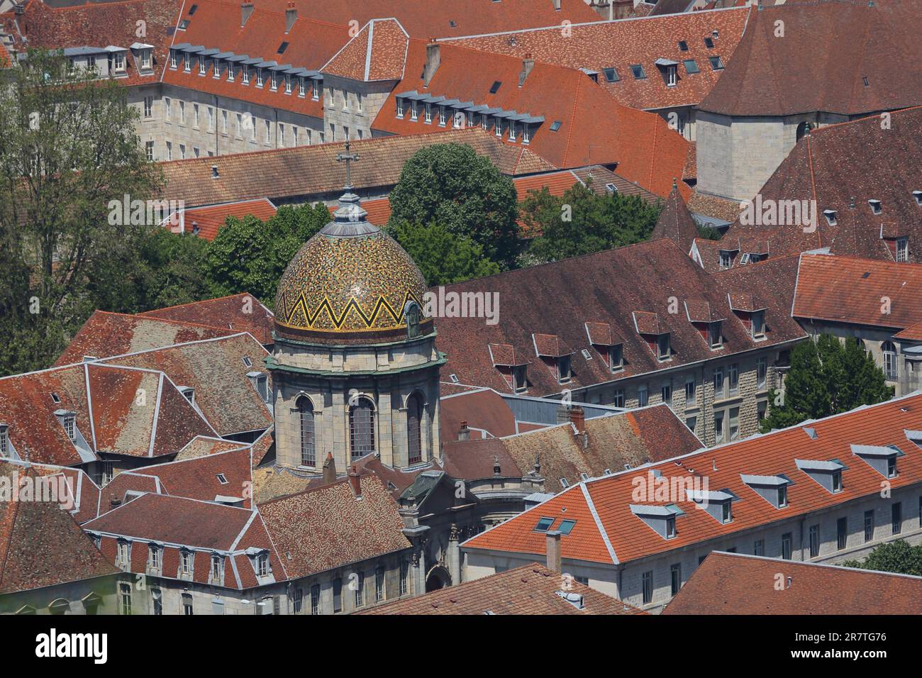 View of roofs and dome of Notre-Dame du Refuge, Cathedral, Church, Besancon, Doubs, France Stock Photo