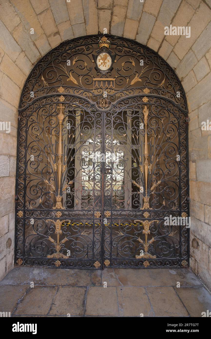 Metal gate with decorations from the Hotel de Ville, City Hall, Detail, Gate, Entrance, Arts and Crafts, Besancon, Doubs, France Stock Photo
